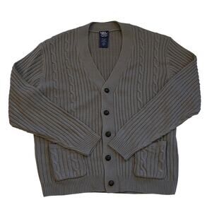 John Blair Sweater Mens Sz Large Gray Cardigan Cable Knit pockets Grandpa *READ*